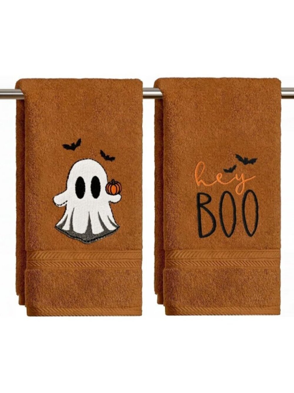 2 Pcs Black Ghost Boo Caramel Halloween Embroidered Hand Towels 13.7 x 29.5 Inch
